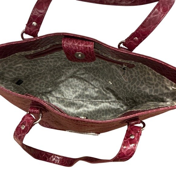 GUESS Burgundy/Red Wine Glossy Embossed Snakeskin Tote Rhinestone Logo Med. Bag